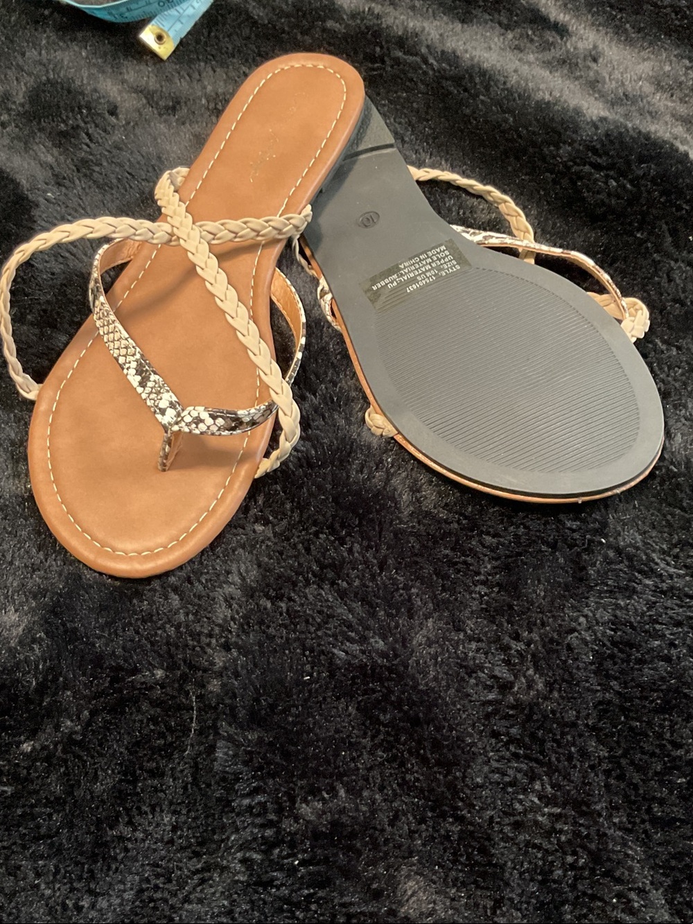 Crown Vintage Tan Braided Thong Sandals with Snakeskin Strap